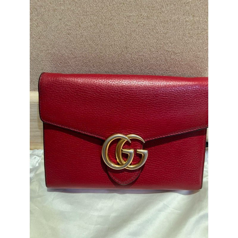 Gucci Marmont Flap Crossbody WOC Red Grained Leather-Preloved
