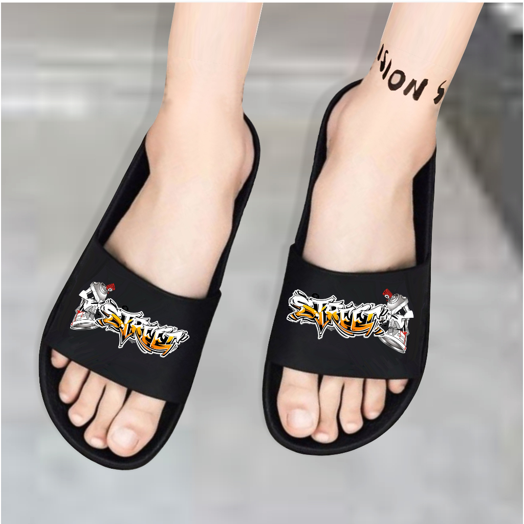 Sandal Hitam Kain Karakter D4T Sandal Selop Pria wanita/ Sandal Remaja dan dewasa/  Sandal Sandal Pv