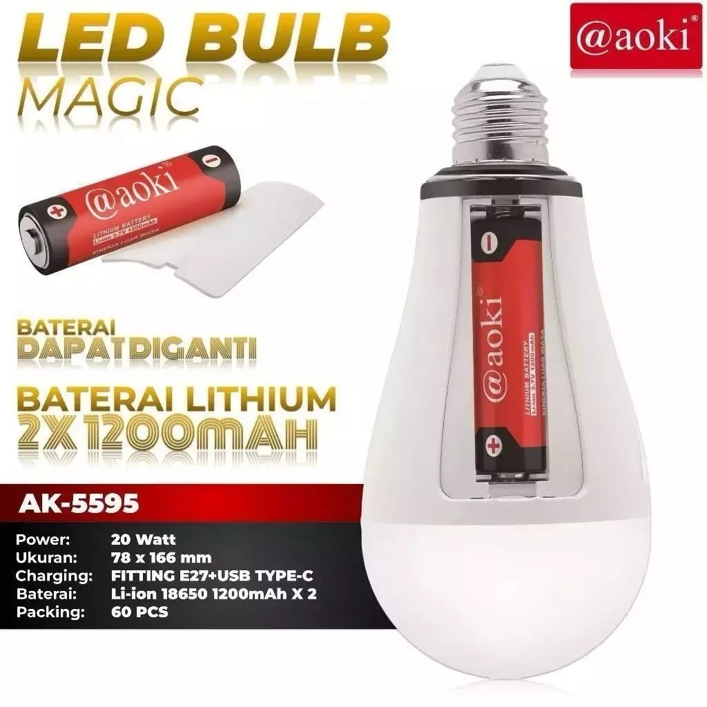 AOKI Lampu LED Bohlam Magic Emergency AD/DC 20W Fitting Baterai / Bohlam Emergency Aoki AK 5595