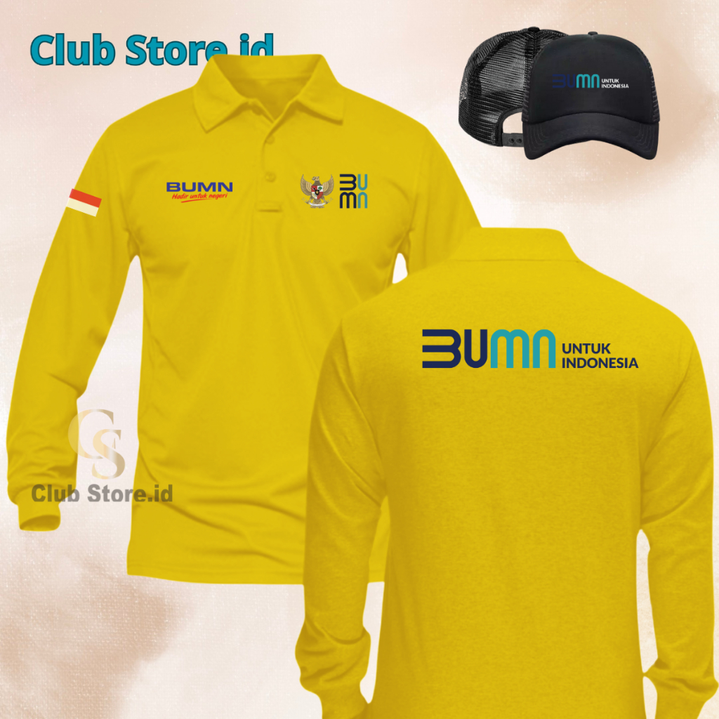 Bonus Topi Poloshirt Lengan Panjang BUMN Baju Atasan Kaos Berkerah Seragam Kerja Unisex Sablon Polif