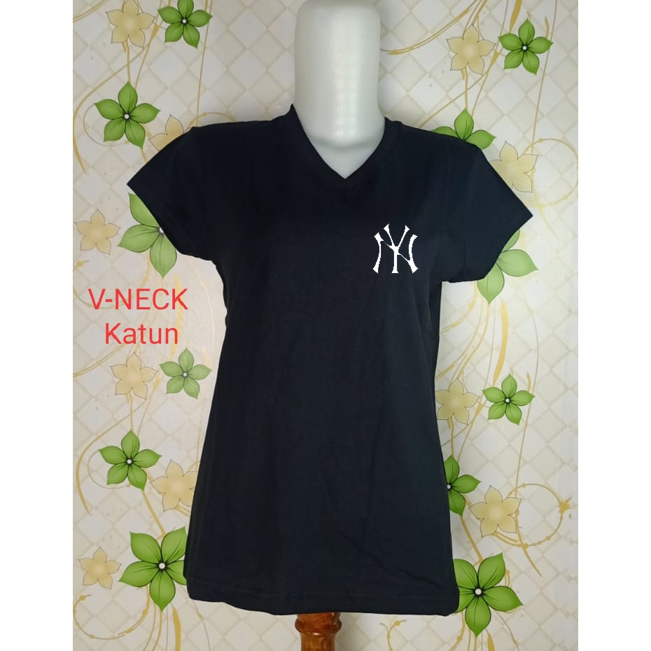 Kaos V-Neck Wanita Logo NY - Cotton Combed Asli