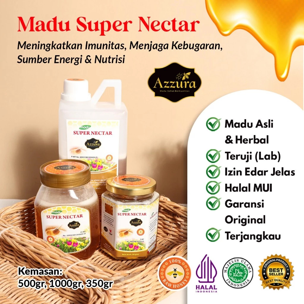 

Madu Azzura - Madu Super Nectar Bee Pollen Royal Jelly Murni dan Alami Premium 100% Tanpa Campuran