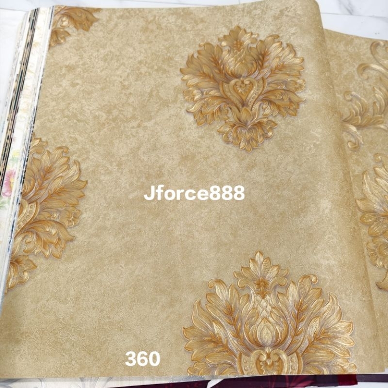Wallpaper Batik Klasik Biru Cream Abu Gold Putih