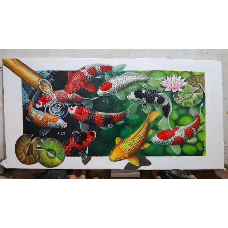 lukisan ikan koi tema 3d asli buatan tangan no print ukuran lukisan 120x60cm lukisan plus bingkai mi