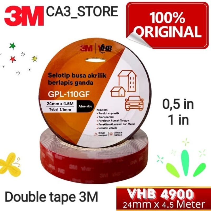 

Double tape 3M VHB/ Dobel tape 3M/ double 3M super kuat 12mm dan 24mmx 4,5m