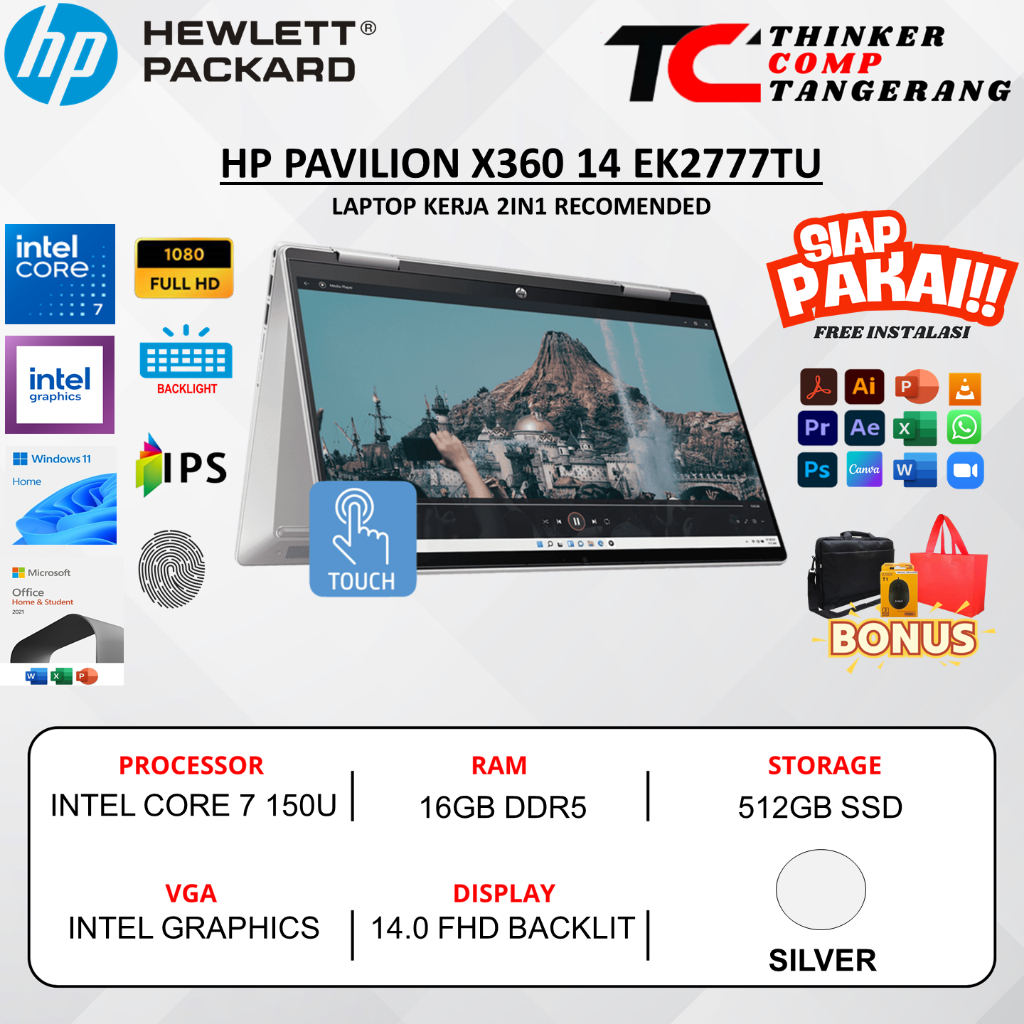 Laptop HP Pavilion x360 2 in 1 Intel Core 3 Intel Graphics 16GB RAM 512GB SSD  Silver Windows 11 Hom