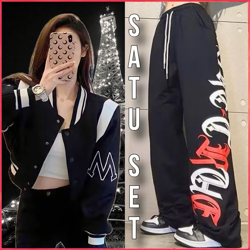 Pariroo One Set Jaket Crop Motif M & Celana Kulot Joker Rock Girls – Setelan Wanita Kekinian - Setel