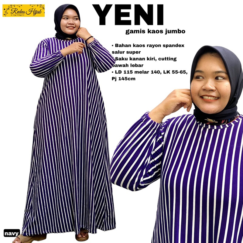 Gamis Wanita Yeni Jumbo Maxy Dress Motif Salur Bahan Kaos Rayon Spandex Allsize LD115 Melar 140