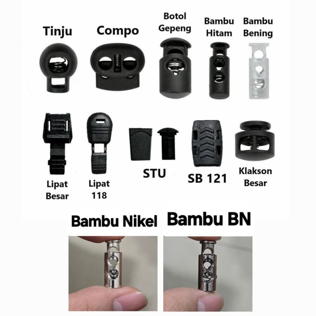 Stopper Ujung Tali Per Pack Stoper Bulat/Botol/Compo/Klakson/Lipat Tas Serut Celana Masker Jaket