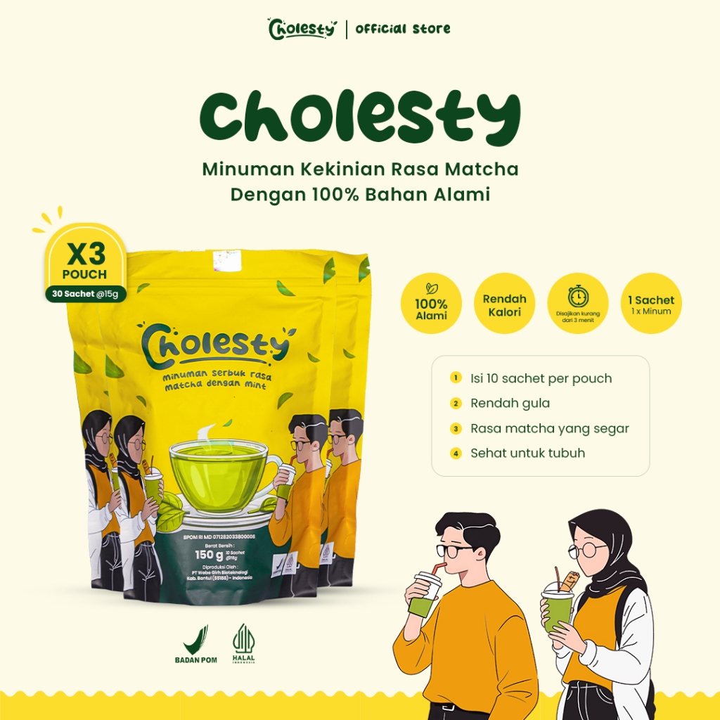 

[3 Pouch] Cholesty - Minuman Serbuk Kekinian Rasa Matcha Dengan 100% Bahan Alami (1 Pouch Isi 10 sachet)