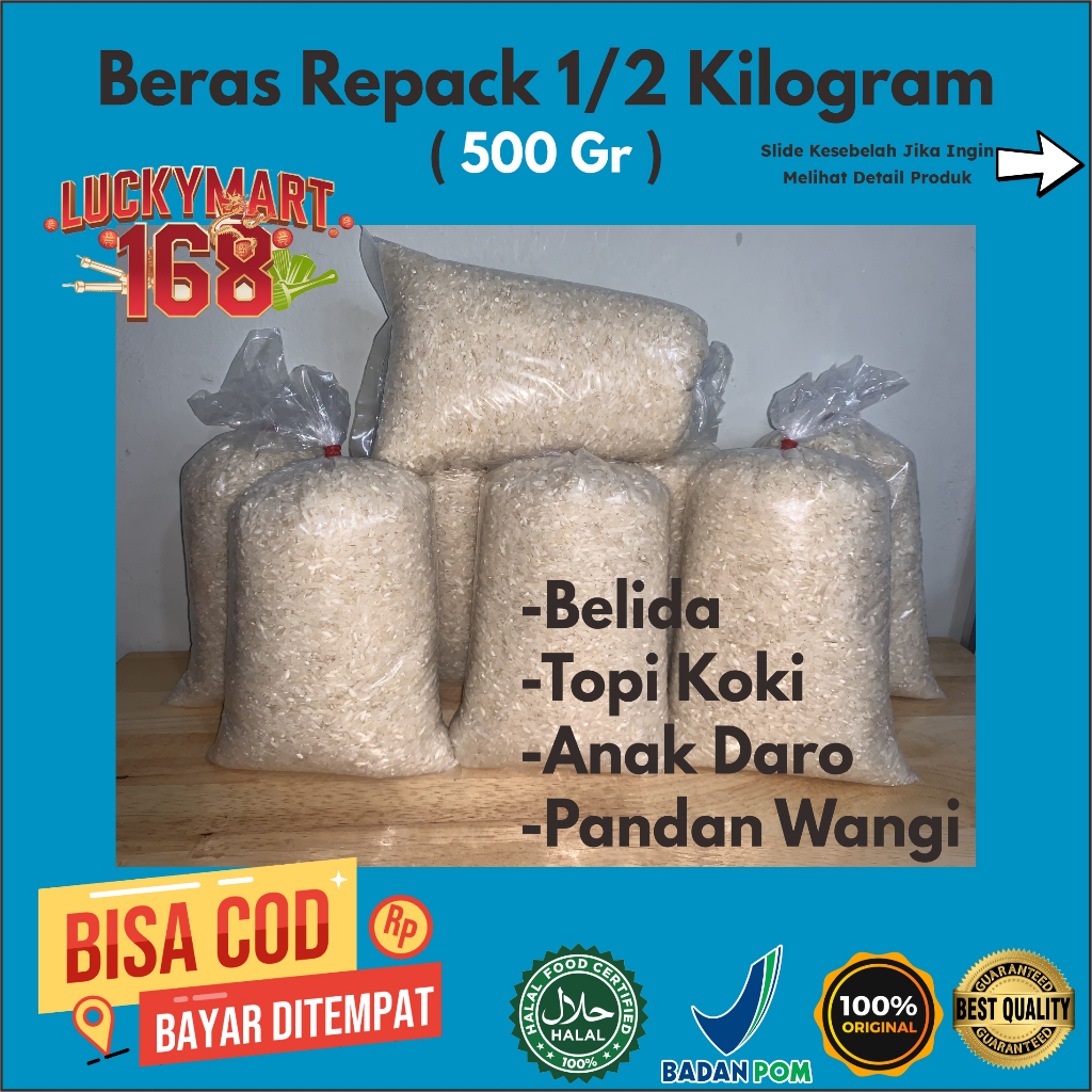 

Beras Pulen Topi Koki/Belida/Anak Daro/Pandan Wangi Grade A Repack (Eceran) 1/2Kg (500 Gr) Termurah