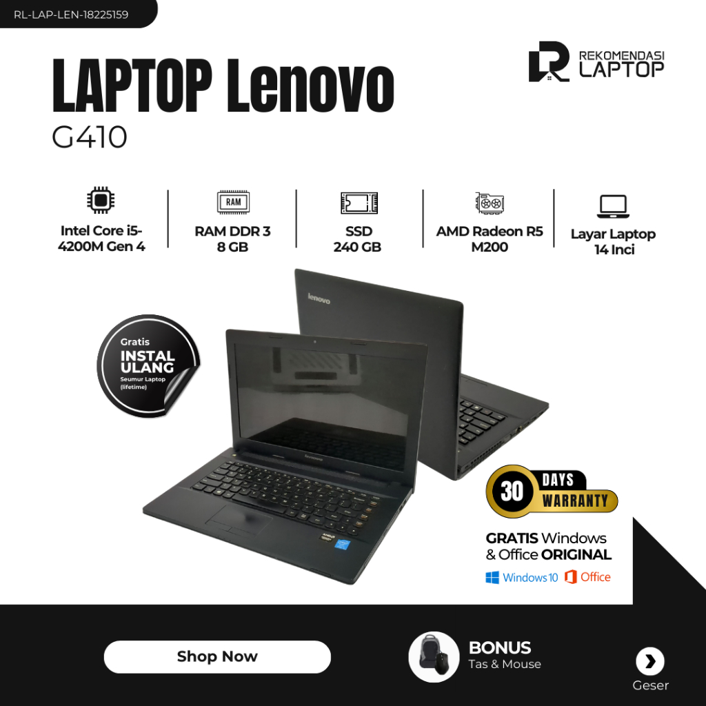 Lenovo G410 Intel Core i5-4200M Gen 4 AMD Radeon R5 M200 RAM 8 Gb SSD 240 Gb Layar 14 inch