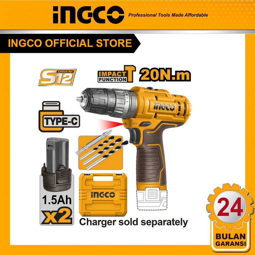 INGCO 12V Bor Impact Cordless 2 Kecepatan dengan 1 Pcs Bit Cr-V 65mm, 3 Pcs Mata Bor Masonry, dan 2 