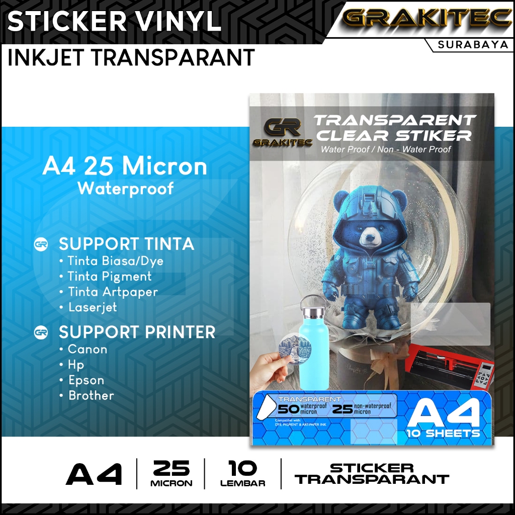 

Kertas Sticker Vinyl Transparan - Sticker Vinyl Transparant Waterproof / Non waterproof A4 isi 10 lembar Grakitec