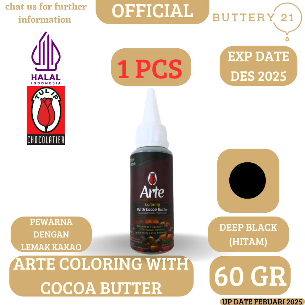 

TULIP ARTE COLORING DEEP BLACK 60 GR/PEWARNA HITAM DENGAN LEMAK KAKAO/WITH COCOA BUTTER