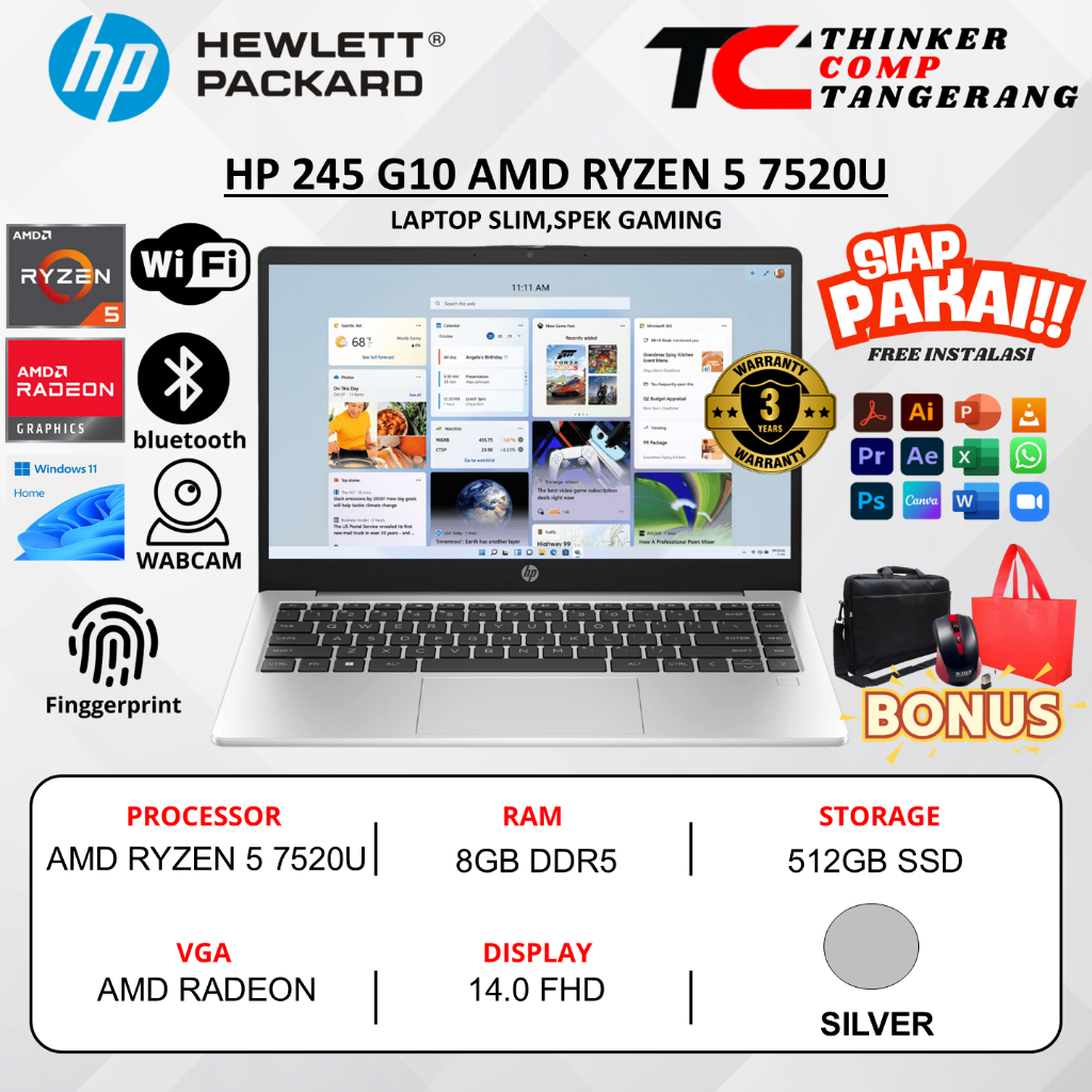 HP 245 G10 AMD RYZEN 5 7520U 8GB 512GB 14" FHD WINDOWS 11 HOME + OFFICE ORIGINAL