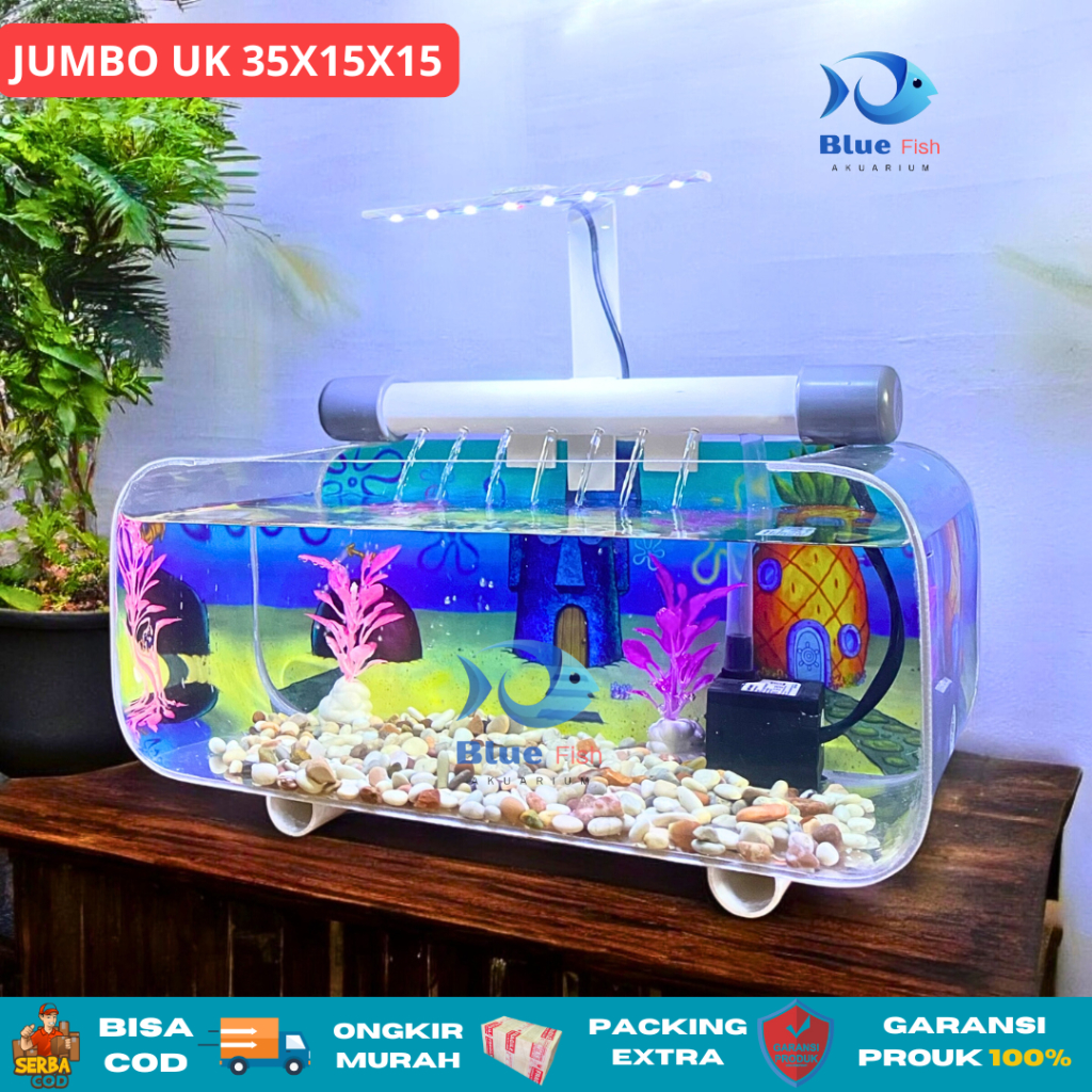 1 Set aquarium akrilik/ akuarium minimalis JUMBO UK 35 X 15 X 15 lengkap tinggal pakai (jumbo PTB)