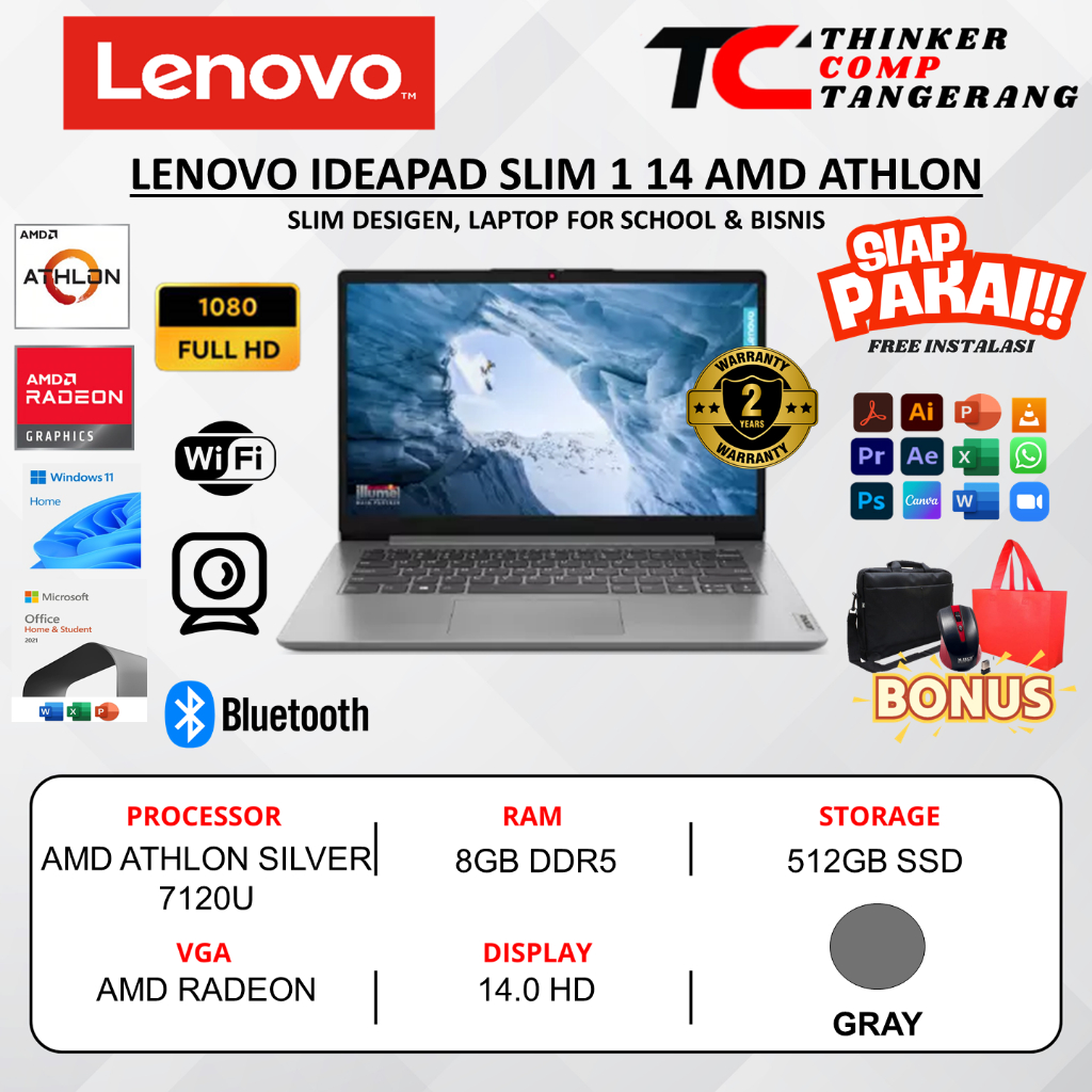 Lenovo Ideapad Slim 1 AMD Athlon Silver 7120u 8GB 512SSD Windows 11 OHS 14 Inch
