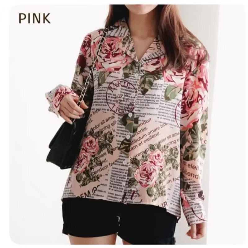 Atasan kemeja Three M 4085 lapel collar shirt butterfly magazine kemeja wanita model bunga