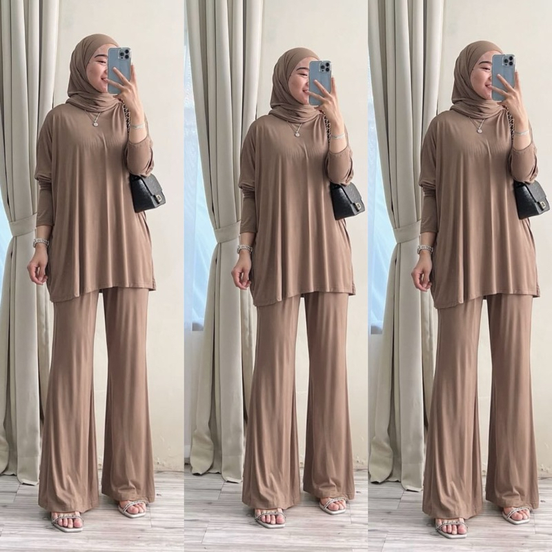 One Set 3 in 1 Cutbray Celana Blouse dan Pashmina