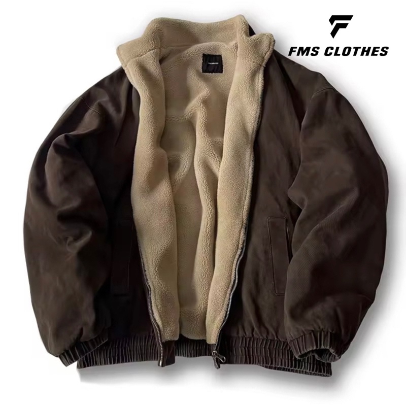 Jaket ovs Boxy pria bulu tebal / Jaket Harrington Boxy Bulu Sherpa