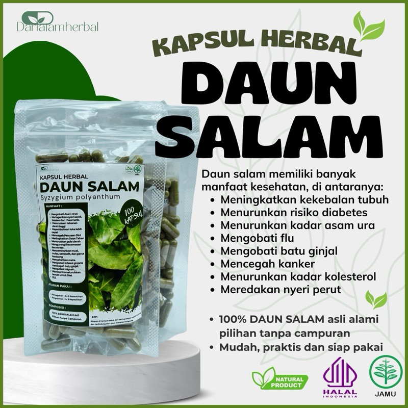 Kapsul Herbal DAUN SALAM isi 100 kapsul | Kapsul Sejuta manfaat asli 100% Daun Salam Alami