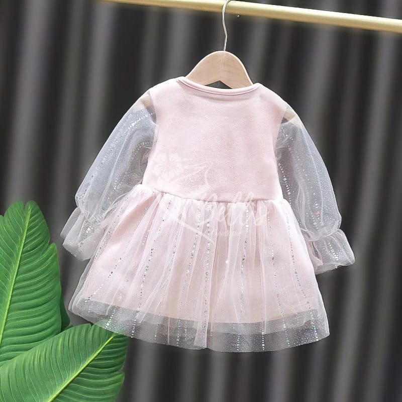 dress anak perempuan baju baby pink Katun kombinasi lengan panjang tutu tile pesta umur 1 2 3 tahun 