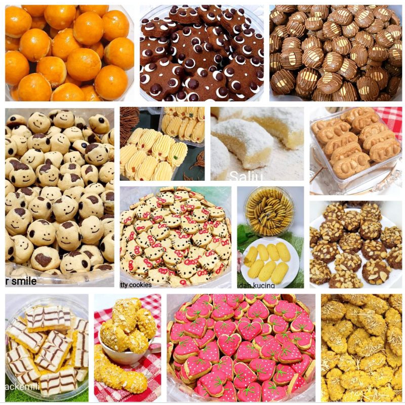 

Kue kering per toples besar / cookies nastar / bangkit / lidah kucing / salju / kacang / capucinno / coklat