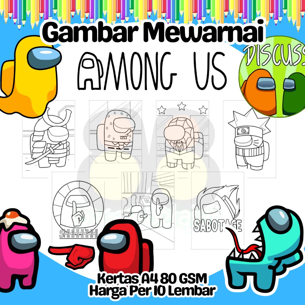 

10 Lembar Kertas A4 Gambar Mewarnai Tema AMONG US IMPOSTOR Termurah - Anak Anak TK SD PAUD Remaja