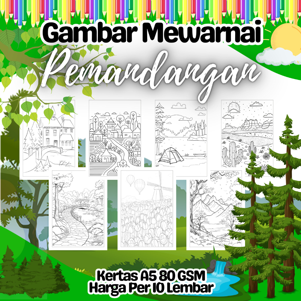 

10 Lembar Kertas A5 Gambar Mewarnai Tema PEMANDANGAN LANDSCAPE VIEW Termurah - Anak Anak TK SD PAUD Remaja