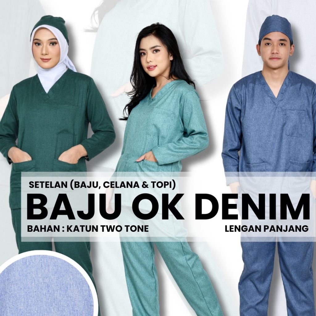 DENIM Jaga Scrub Baju Jaga Scrub Medis Lengan Panjang Denim Motif Two Tone Pria Wanita / Baju Jaga /