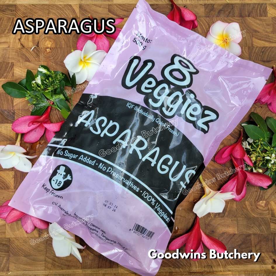 

ASPARAGUS CUTS +/- 3cm IQF 8Veggiez imported frozen vegetable sayuran beku 8 Veggiez 500g