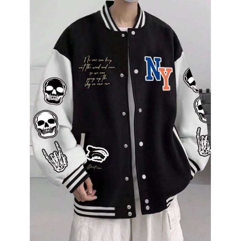 Jacket baseball wanita pria Skull NY