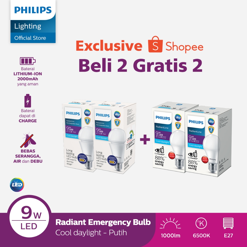 Philips Paket Beli 2 Lampu Radiantline Emergency 9W 6500k Putih Gratis 2 Lampu LED Bulb 9W Putih
