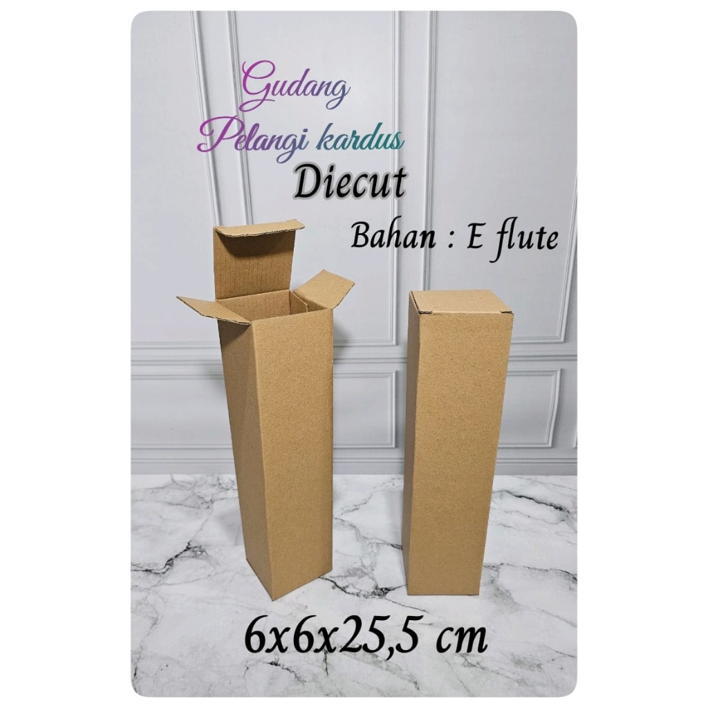 

Kardus karton Uk. 6x6x25,5 cm...Model diecut botol (ATAS BAWAH TUTUP)