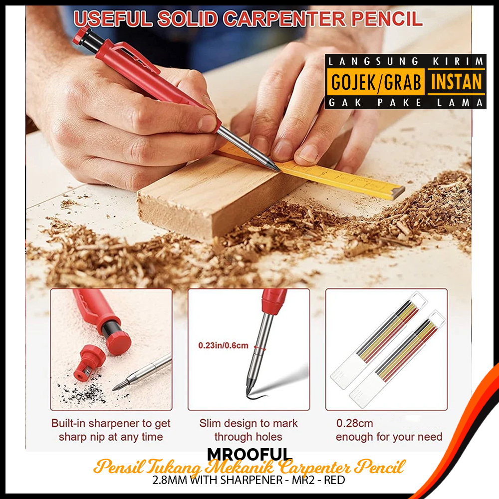 

MROOFUL Pensil Tukang Mekanik Carpenter Pencil 2.8mm with Sharpener - MR2 - Red
