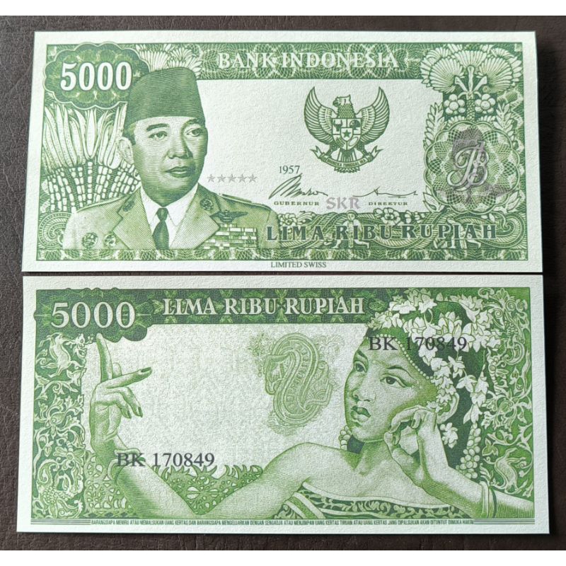Repro Replika Uang 5000 Sukarno 1957 gambar belakang penari souvenir 5.000 Soekarno