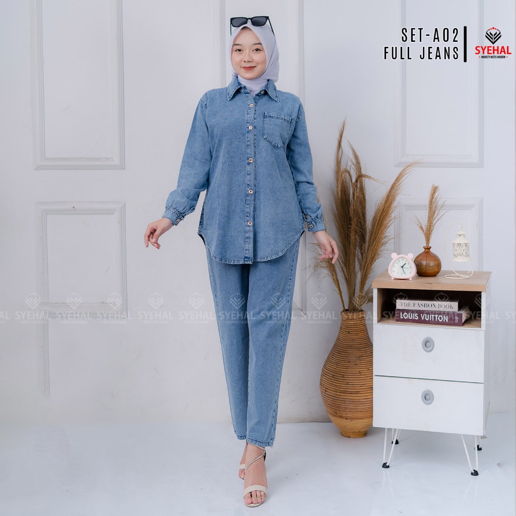 Syehal Collection SET-A02 - Setcel Full Jeans Pakaian Wanita Oversize - Baju Lebaran Wanita  Setelan