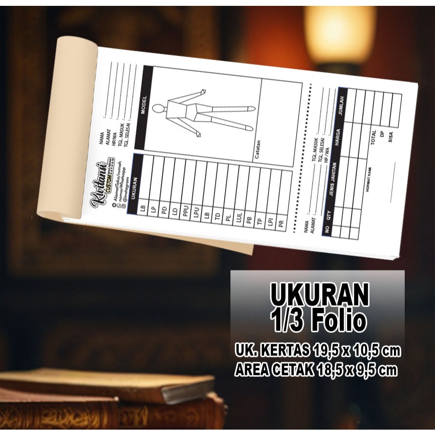 

nota, ataupun kwitansi ukuran 1/3 folio custom (10 x 20 cm) Custom : Logo, Nama , cp, sosmed warna