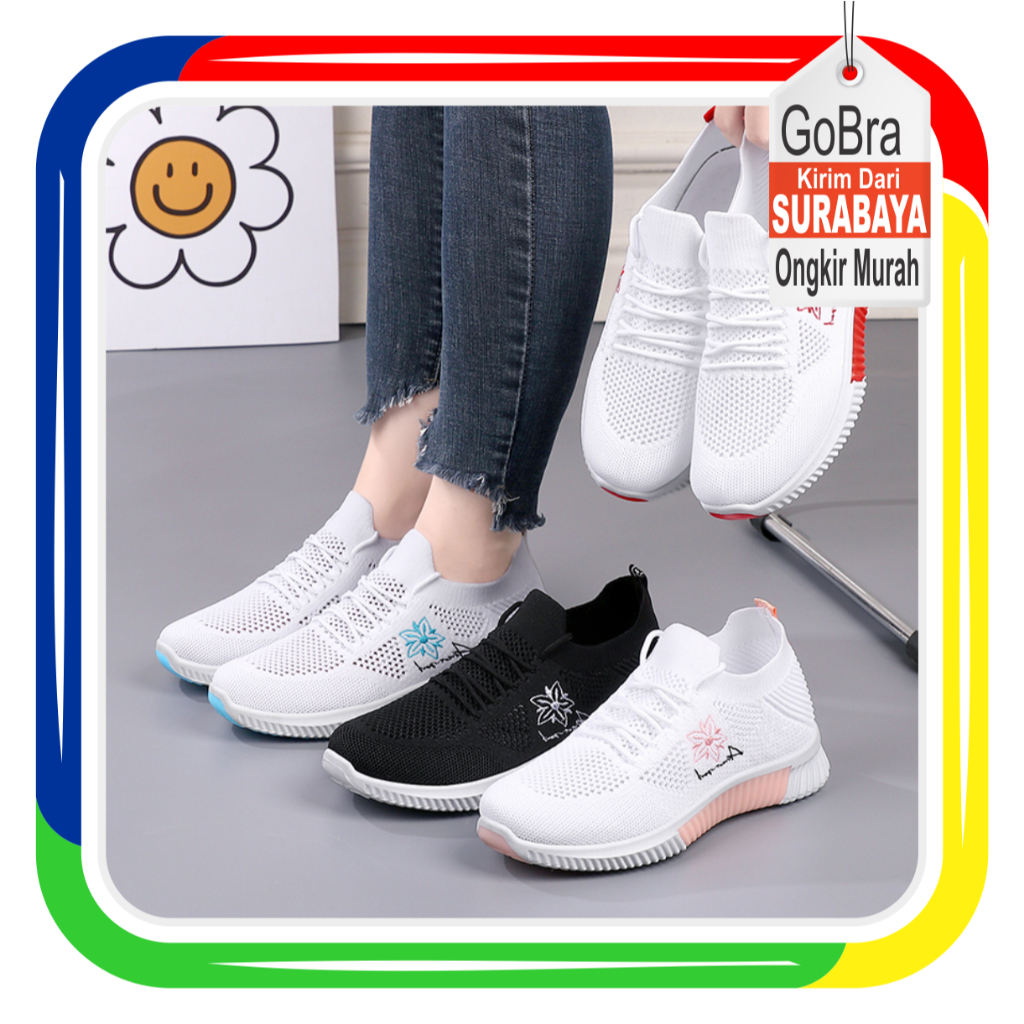 Gobra ♕ SEP103 (Tanpa Kotak) Sepatu Sneakers Wanita Motif Bunga Sepatu Sport Simple Cocok Untuk Olah