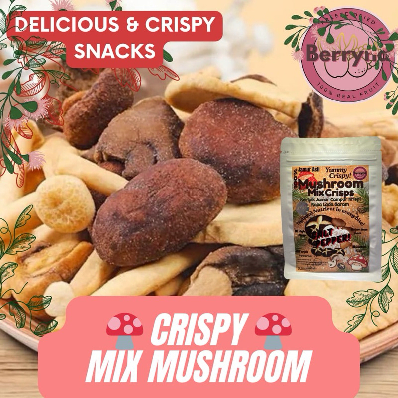 

Berryna Jamur Cemilan Keripik Jamur campur Kering Garing Mushroom Mixed Crispy cemilan keripik jamur garing campur mushroom Crisp sayuran kering 40g