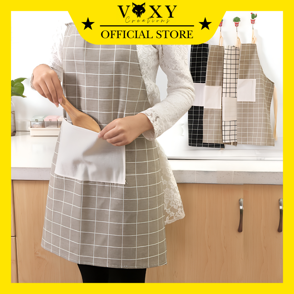 Celemek Masak Bahan Katun / Celemek Dapur Apron Masak / Apron Kain Motif Korea / Celemek Kain