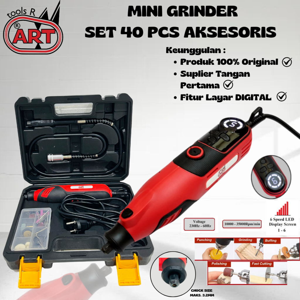 Bor Mini Listrik Digital Mini Grinder Set 40pcs Aksesoris Mini Gerinda Bor Tuner Cuner Alat Porting 
