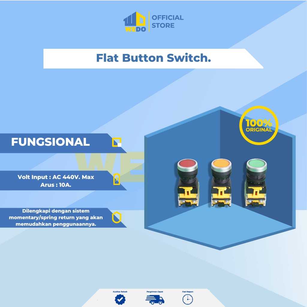 Grosil Push Button On 22mm / Push Button Proyek / Push Button Hijau, Merah & Kuning Push Button Flat