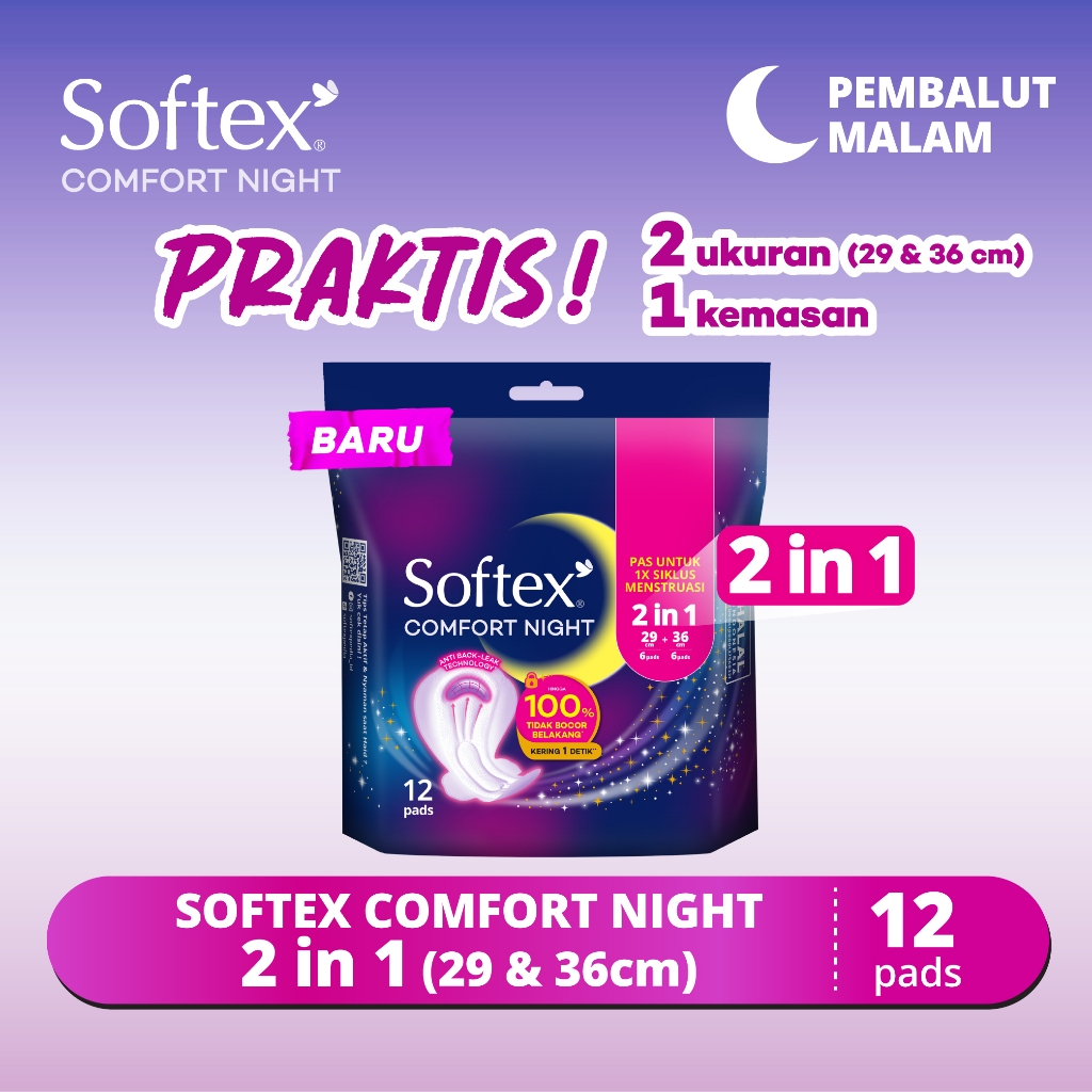 Softex Comfort Night 2in1 12 pads - Pembalut Malam - Spesial Bulan Ungu