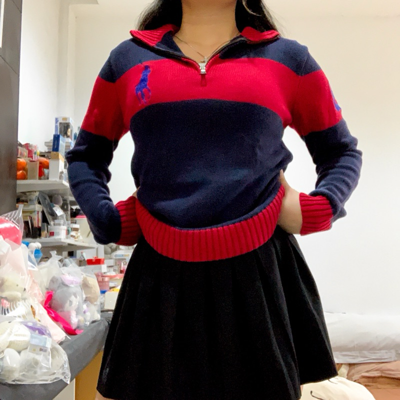 ralph lauren navy & red striped knit quarter zip