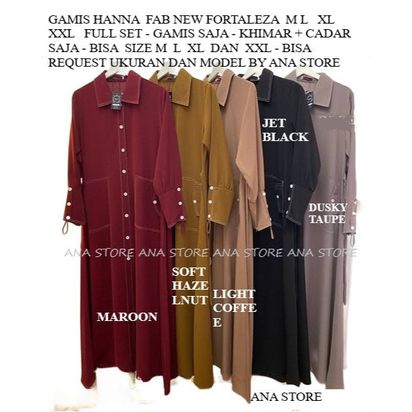 SET GAMIS HANNA FAB NEW FORTALEZA /FULL SET -GAMIS HANNA FORTALEZA S M L XL  XXL BISA GAMIS SAJA