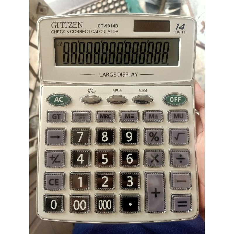 

TERMURAH‼️KALKULATOR BIG NUMBER AND BIG DISPLAY GITIZEN CT 9914D / 14 DIGIT CHECK CORRECT ( bisa menyala dengan sinar matahari tanpa menggunakan batere)