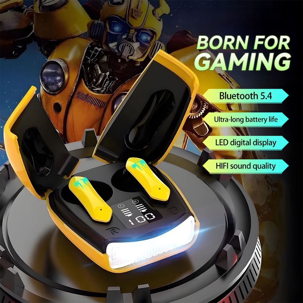 Bumblebee Gaming Earphone Bluetooth No Delay Tampilan LED Baterai Bluetooth 5.4 Low Latensi GM08
