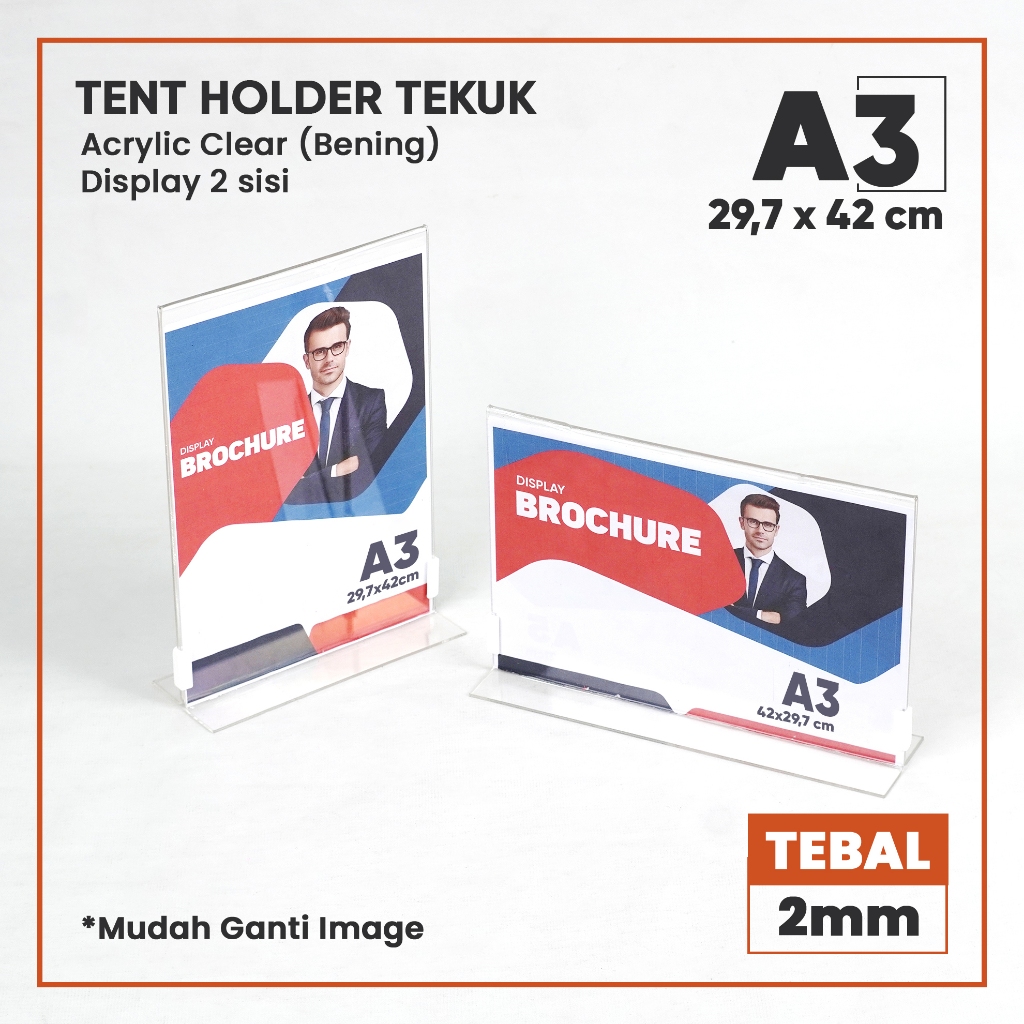 

Tent Holder I Tempat Brosur I Tent Card Akrilik Display Model Tekuk Ukuran A3